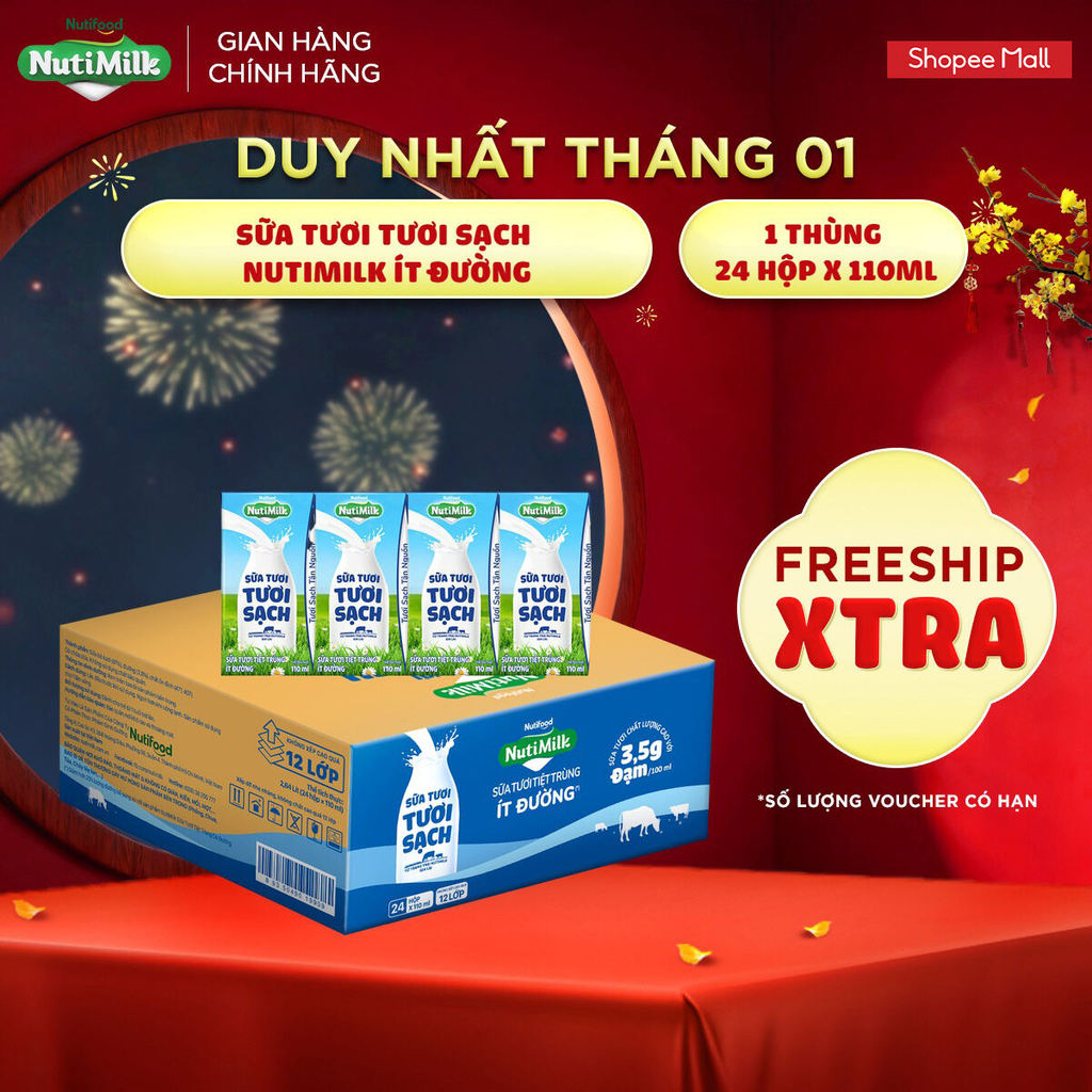 Thùng 24 Hộp Sữa Tươi Tươi Sạch NutiMilk Ít Đường Hộp 110ml