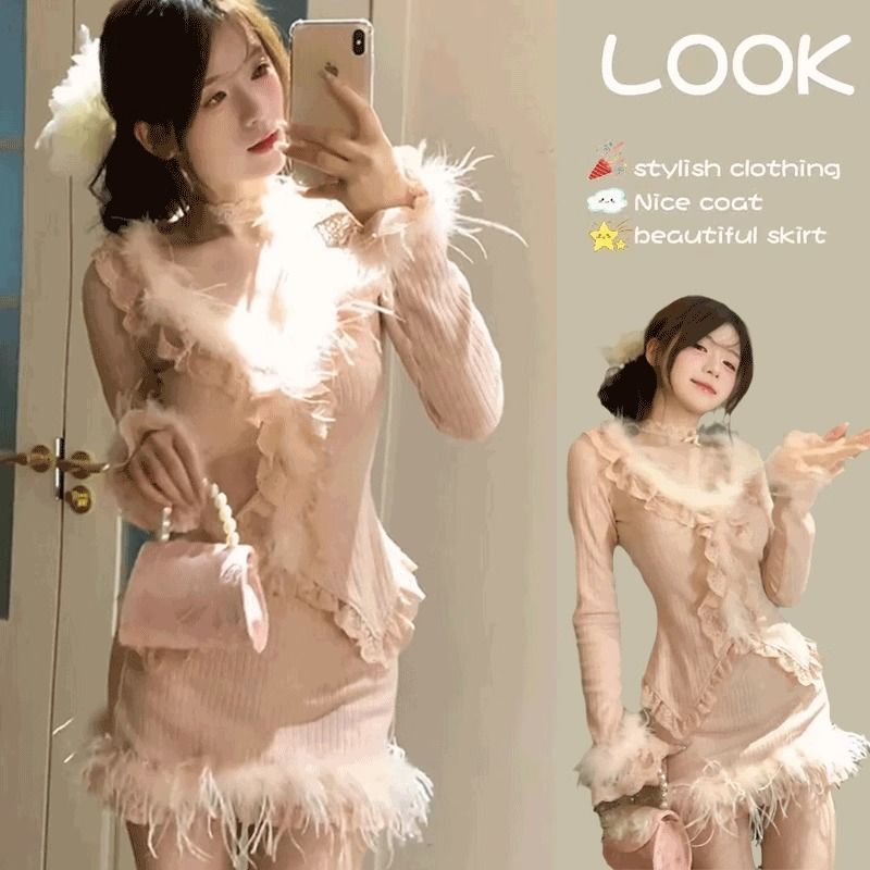 Hai Mảnh Top và Váy Ngắn Faux Fur Màu Hồng, Phù Hợp Thu Đông