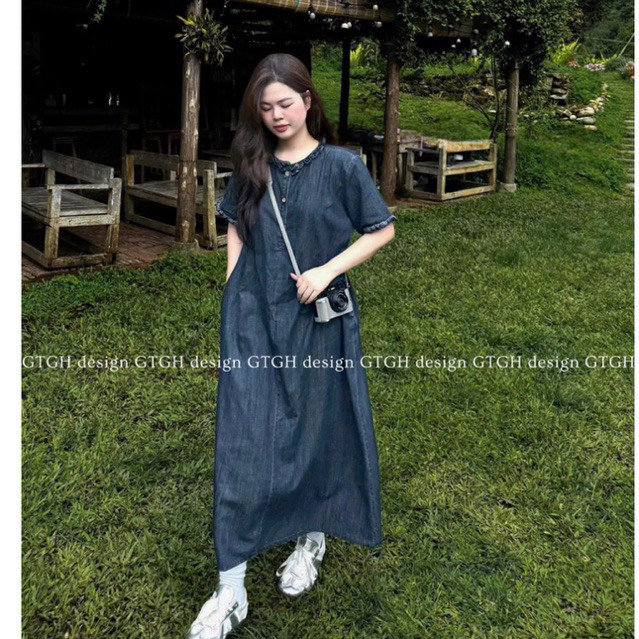 Váy jean bầu TIRA MAMA M570 Váy bò dáng dài Váy bầu bigsize Váy bò mềm dáng rộng phối viền bèo