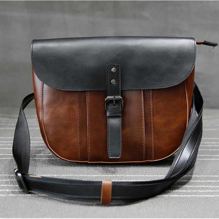 FE2 Nam PU Casual Min Coffee Chắp vá Túi đeo chéo màu đen