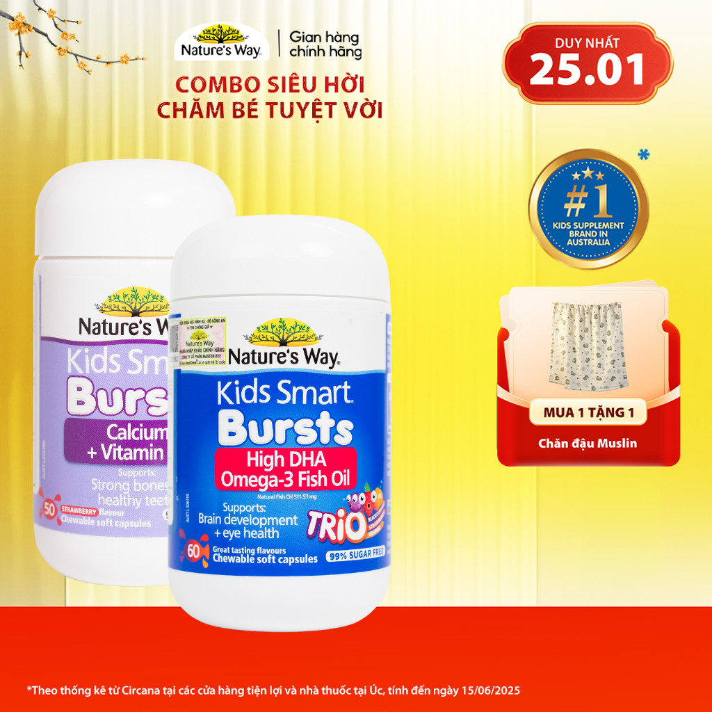 Combo Viên Nhai Nature's Way Kids Smart Calcium + Vitamin D3 Burstlets và Viên Dầu Cá Nature's Way O