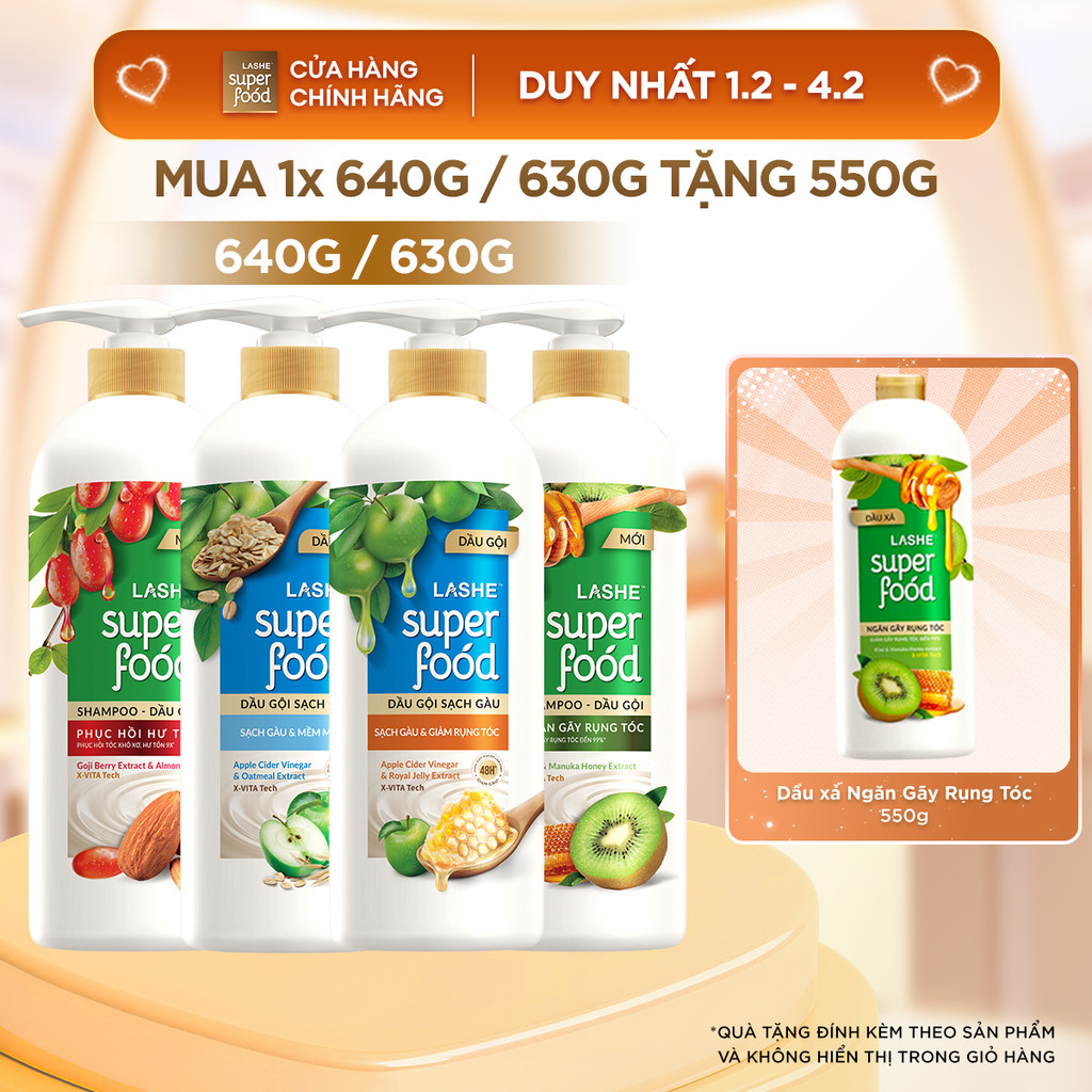 Dầu Gội LASHE SUPERFOOD Ngăn Rụng Tóc/Phục Hồi Hư Tổn/Sạch Gàu Giảm Rụng/Sạch Gàu Mềm Mượt 630G/640G