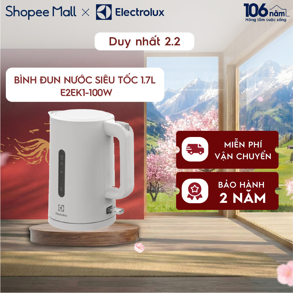 Bình đun siêu tốc 1.7L Electrolux E2EK1-100W - nhựa cao cấp, an toàn, BH 24 tháng