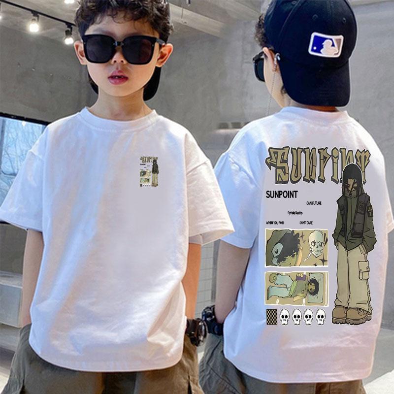 90-150 size cotton round neck, racing style, cool, 3-14 years old.