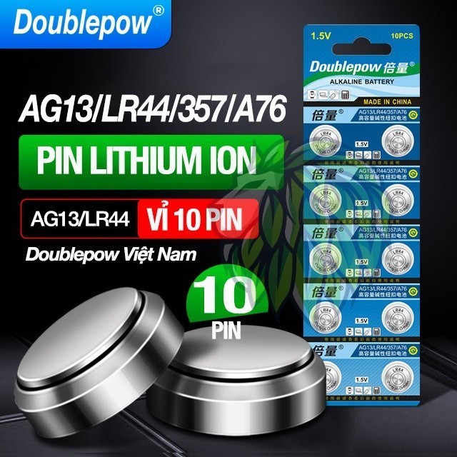 Vỉ 10 Pin Nút AG13 LR44 357 A76 Doublepow dung lượng cao Doublepow - Pin cút áo LR44 cho đồng hồ kỹ 
