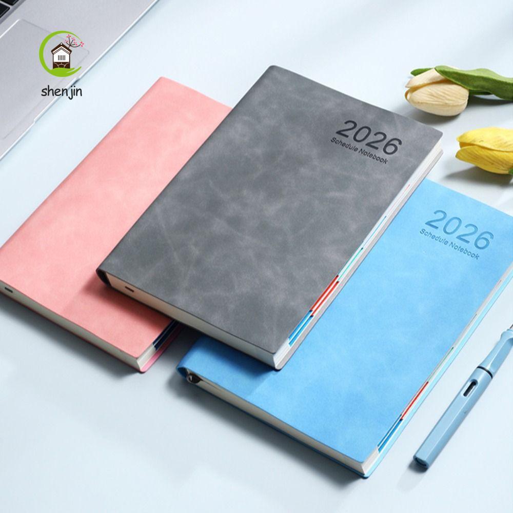 SHENJIN 2026 Sổ tay lịch trình 365 ngày, Sổ tay chương trình nghị sự bằng da PU A5, Trang thẻ đầy mà