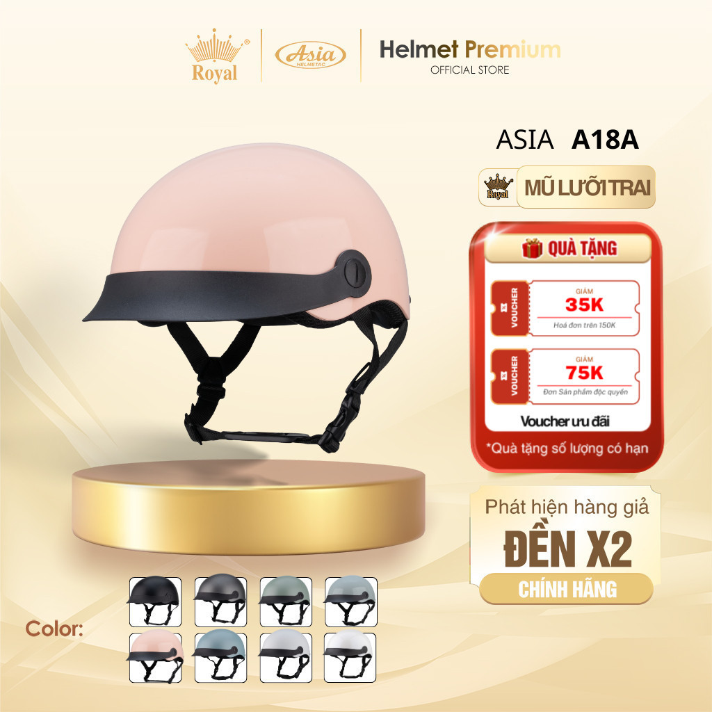 Mũ Bảo Hiểm Nam Nữ Lưỡi Trai Nửa Đầu Asia A18A Vỏ Abs, Sơn Tĩnh Điện Bảo Hành 1 Năm