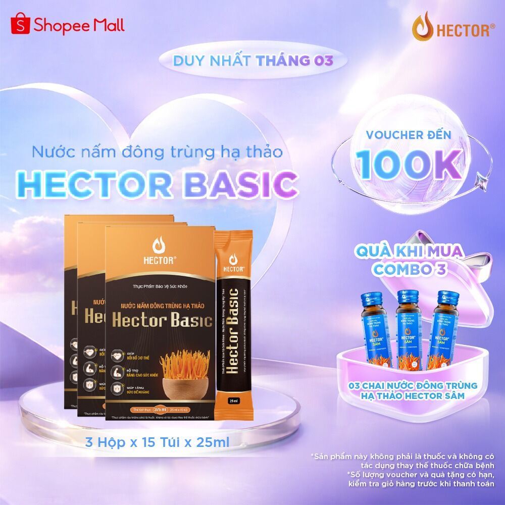 Bộ 3 Hộp Nước nấm Đông Trùng Hạ Thảo Hector Basic hỗ trợ bồi bổ sức khỏe hằng ngày (3 hộp x 15 gói x