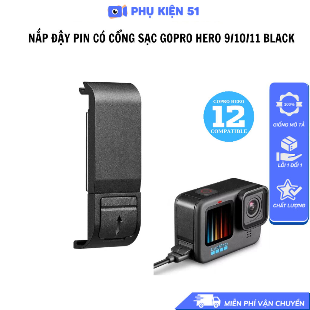 Nắp đậy pin GoPro Hero 13 12 11 10 9 Black có cổng sạc rời và miếng cao su chống bụi