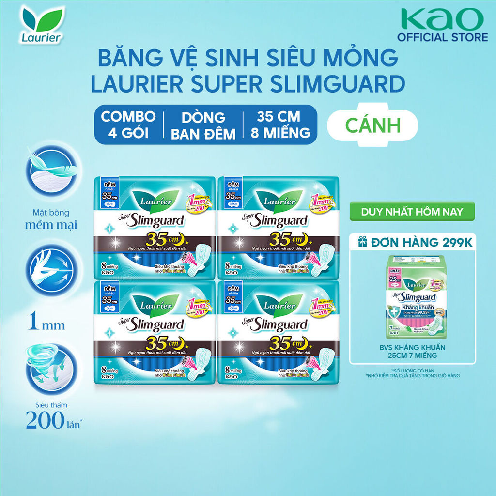 Combo 4 Băng Vệ Sinh Laurier Ban Đêm Siêu Mỏng 1mm 35cm 8 Miếng