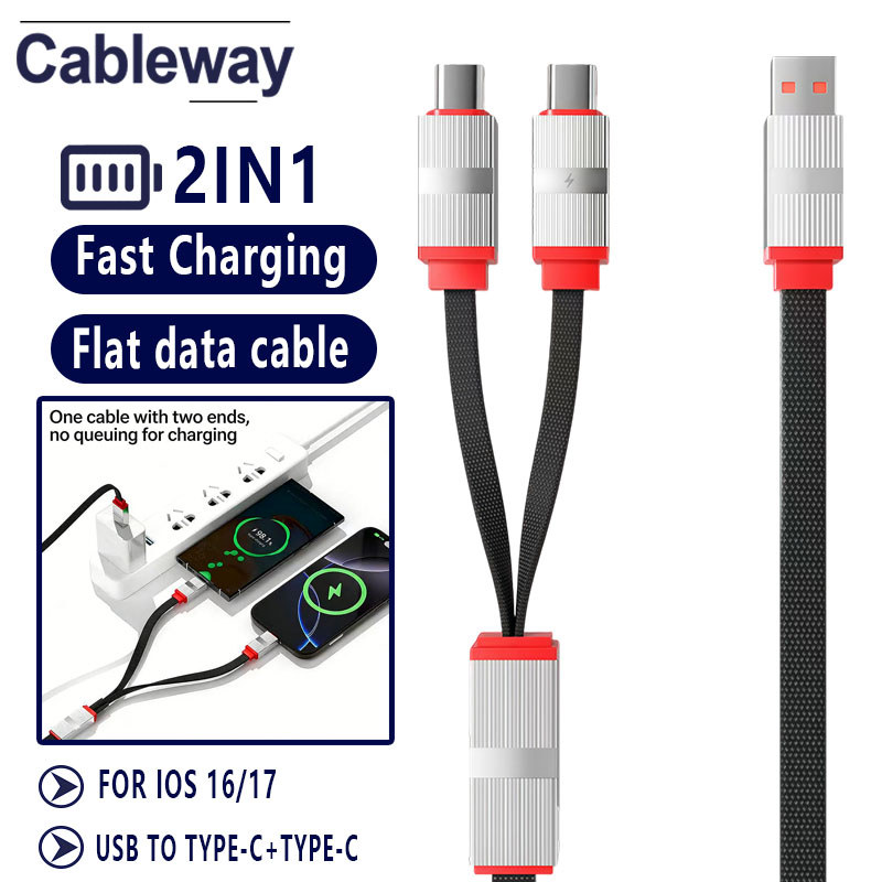 Cáp dữ liệu sạc nhanh phẳng 2 trong 1 USB + Type-C + Type-C, Cáp sạc bện Thích hợp cho ô tô / Androi