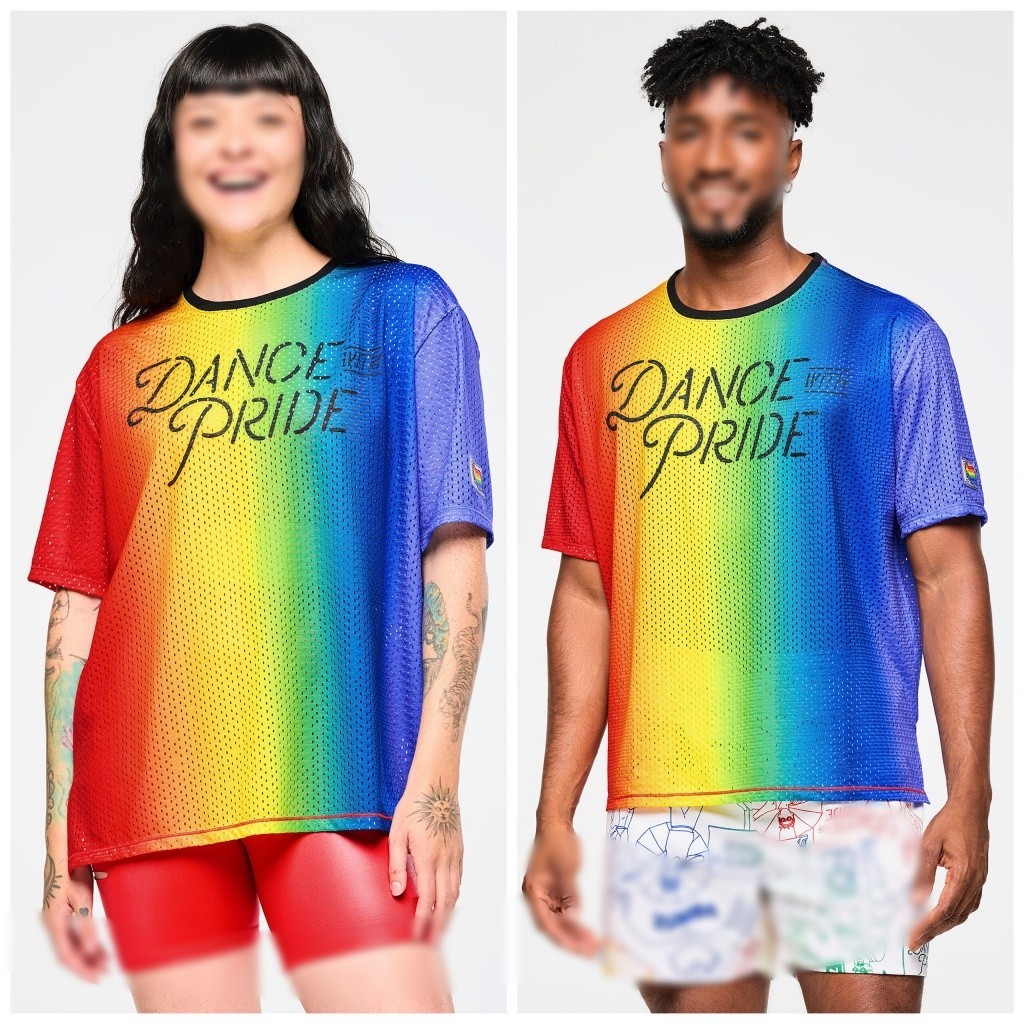 Zumba Wear mới dành cho nam nữ với chất liệu lưới lớn, thiết kế cổ tròn và tay ngắn màu cầu vồng