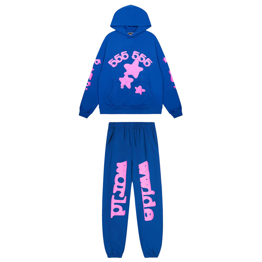 HJDQ American street Sp5der 555555 Foam-printed letters Klein blue sweatshirt and sweatpants terry s