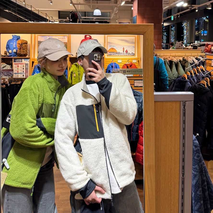 Two-tone warm fleece cardigan with stand-up collar, jacket, fleece sweatshirt