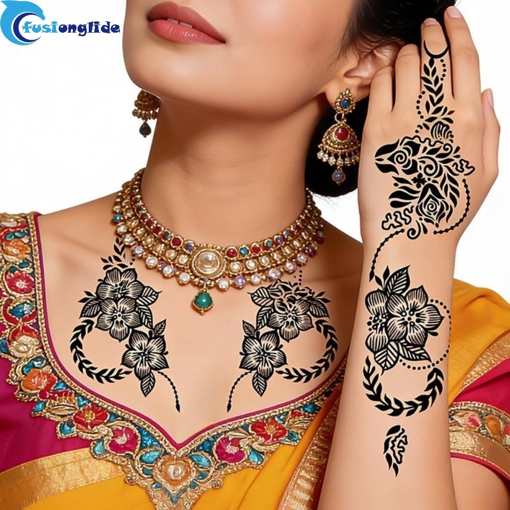 FusionGlide Henna Temporary Tattoos - Mẫu hình đề-can Ấn Độ và hoa henna, chống thấm nước