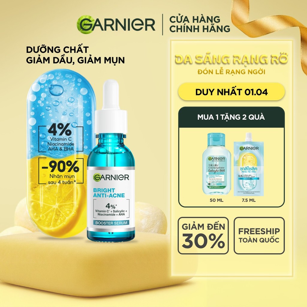 Dưỡng chất cho da dầu mụn Garnier Bright Complete Anti-Acnes Booster Serum 4% [Niacinamide, BHA, AHA