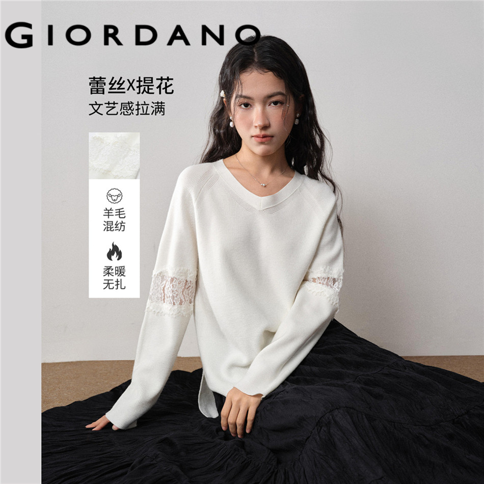 GIORDANO WOMEN V-neck lace insert sweater 18355527