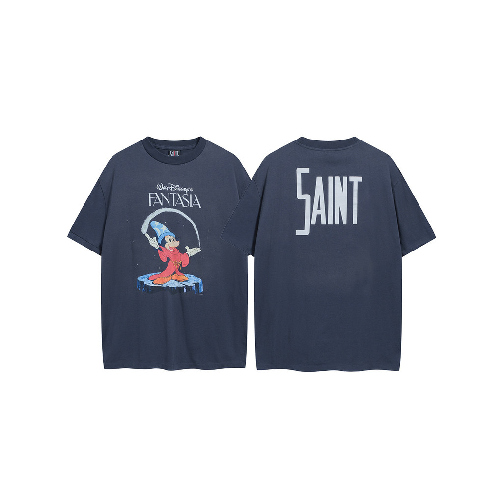 A7NB SAINT Mickey Pattern Copy Flower Letters vintage Short Sleeve Loose T Round Neck T-Shirt for Me