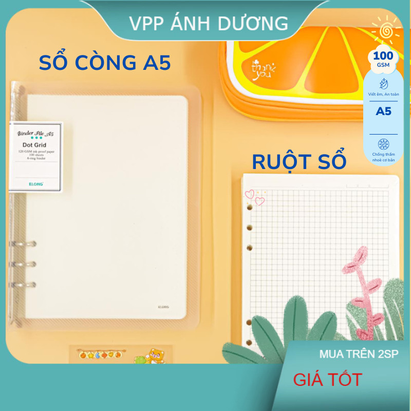 Sổ còng Klong A5 caro, lined dot grid 100 tờ 100-120gsm 6 lỗ, binder, giấy refill A5 klong