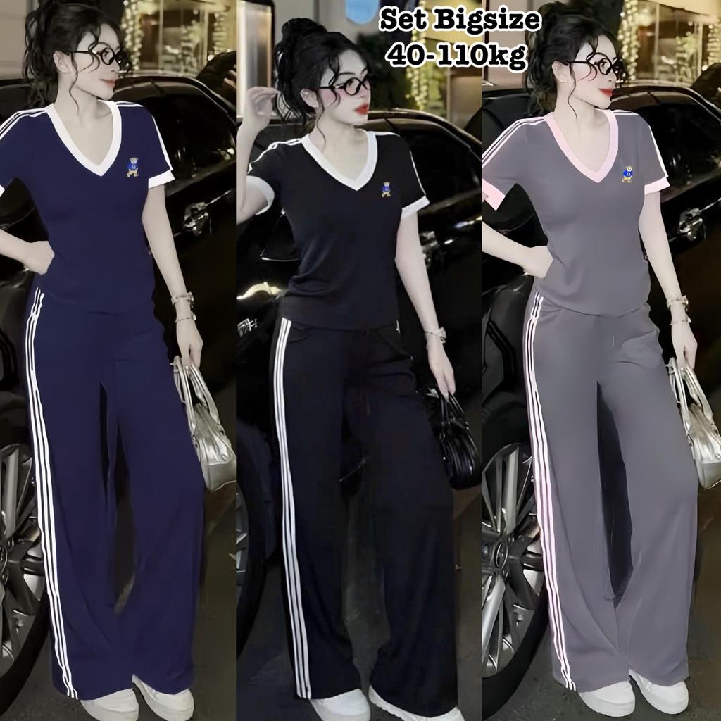 Set Bộ Dài Cổ Tim Thun Tăm Bigsize Form Rộng Thêu Gấu Viền Sọc Che Giấu Bụng Hot Trend Nữ Chuppy Cao