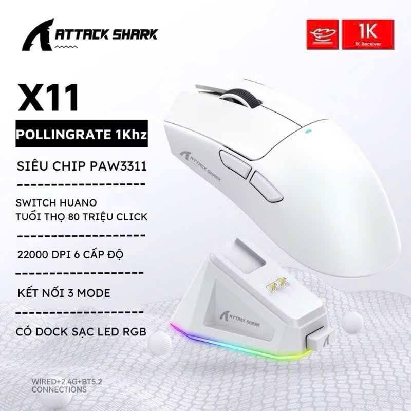 Chuột Gaming Không Dây Attack Shark X11 dock sạc / Attack Shark R1 / 3 chế độ kết nối / tặng kèm griptape | BigBuy360 - bigbuy360.vn