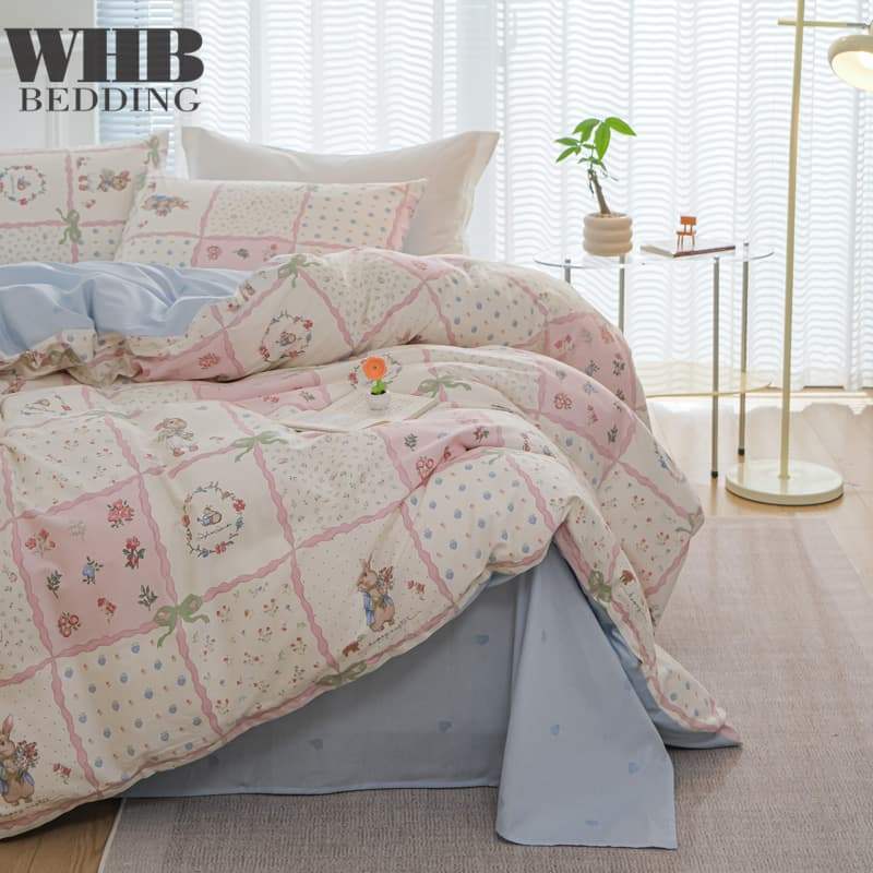 [Vận chuyển địa phương] Bộ chăn ga gối 4 mảnh Peter Rabbit Màu hồng Lưới hoa bông Duvet Cover Vỏ gối