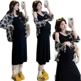 Sét suông sét bầu MAMADRESS 2 chi tiết VÁY ĐEN COTTONG ZIP KÈM ÁO SƠ MI DÀI TAY sang chảnh dễ mix hottrend S89