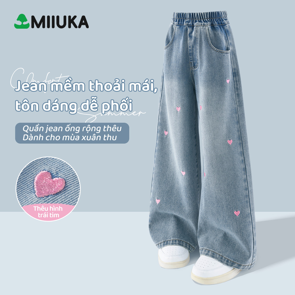 MIIUKA quần jean trẻ em bé gái ống suông thêu trái tim phong cách dễ thương (CXKTNZK)