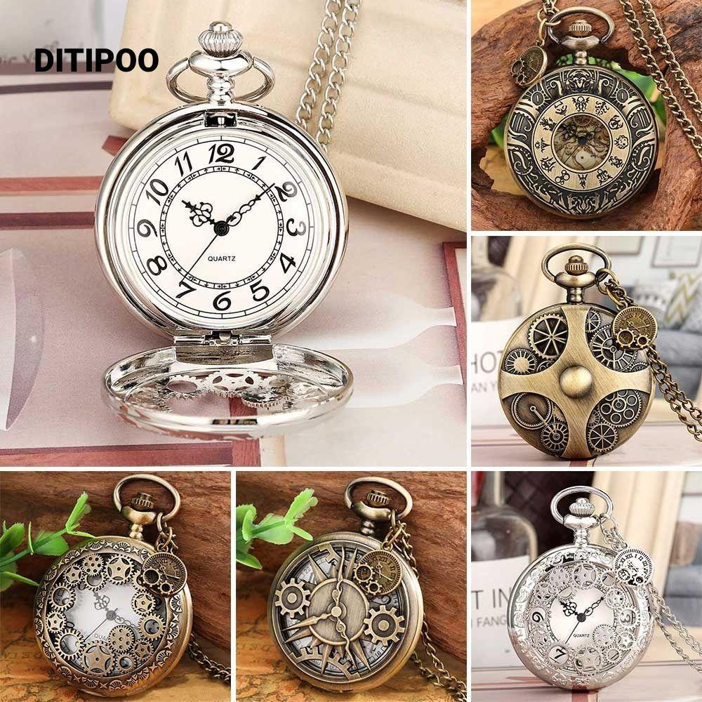Đồng hồ thạch anh DITIPOO, Đồng hồ bỏ túi bằng đồng Steampunk, Bán chạy cổ điển với Vòng cổ cổ điển họa tiết bánh răng Retro Đồng hồ nữ