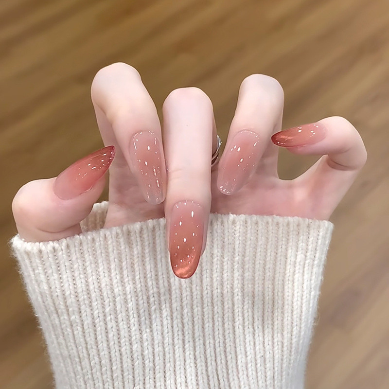 Bán chạy nhất Long Almond Cat Eye Red Chestnut Gradient Blush Press On Nails 30 Chiếc Có Thể Tháo Rờ