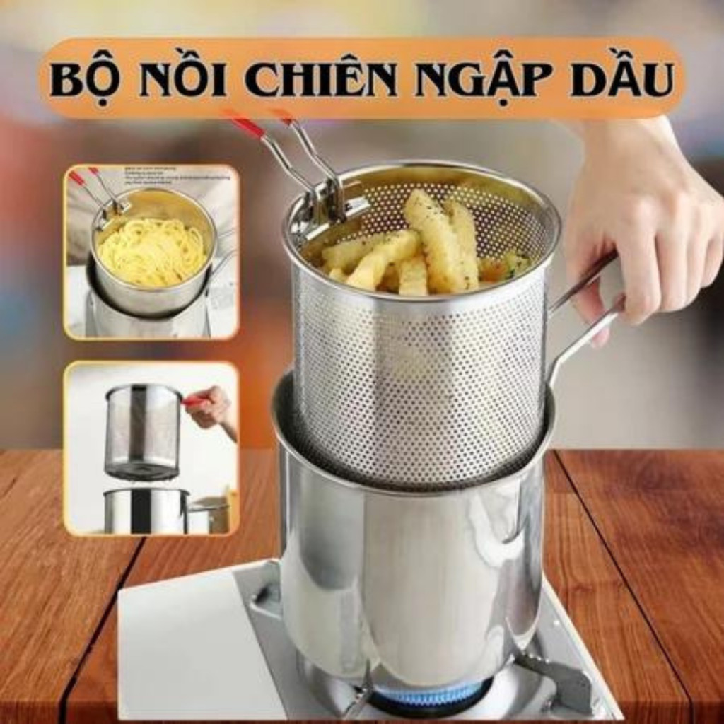 Nồi chiên ngập dầu 2 Lớp 1200ml CÓ TAY CẦM dùng được cho bếp từ có lưới lọc tiết kiệm dầu mỡ