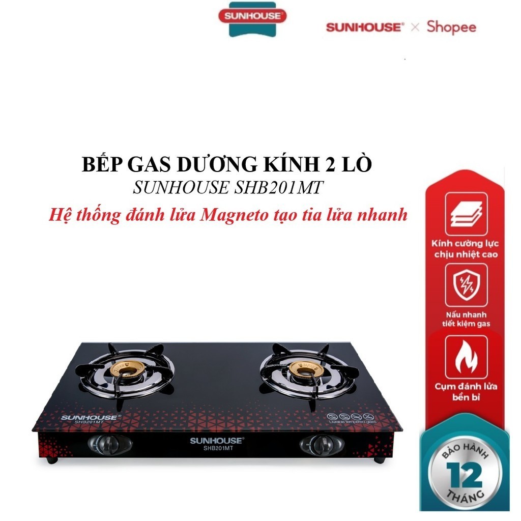 Bếp gas dương kính SUNHOUSE SHB201MT, Hệ thống đánh lửa Magneto tạo tia lửa nhanh, Kiềng bếp độc lập