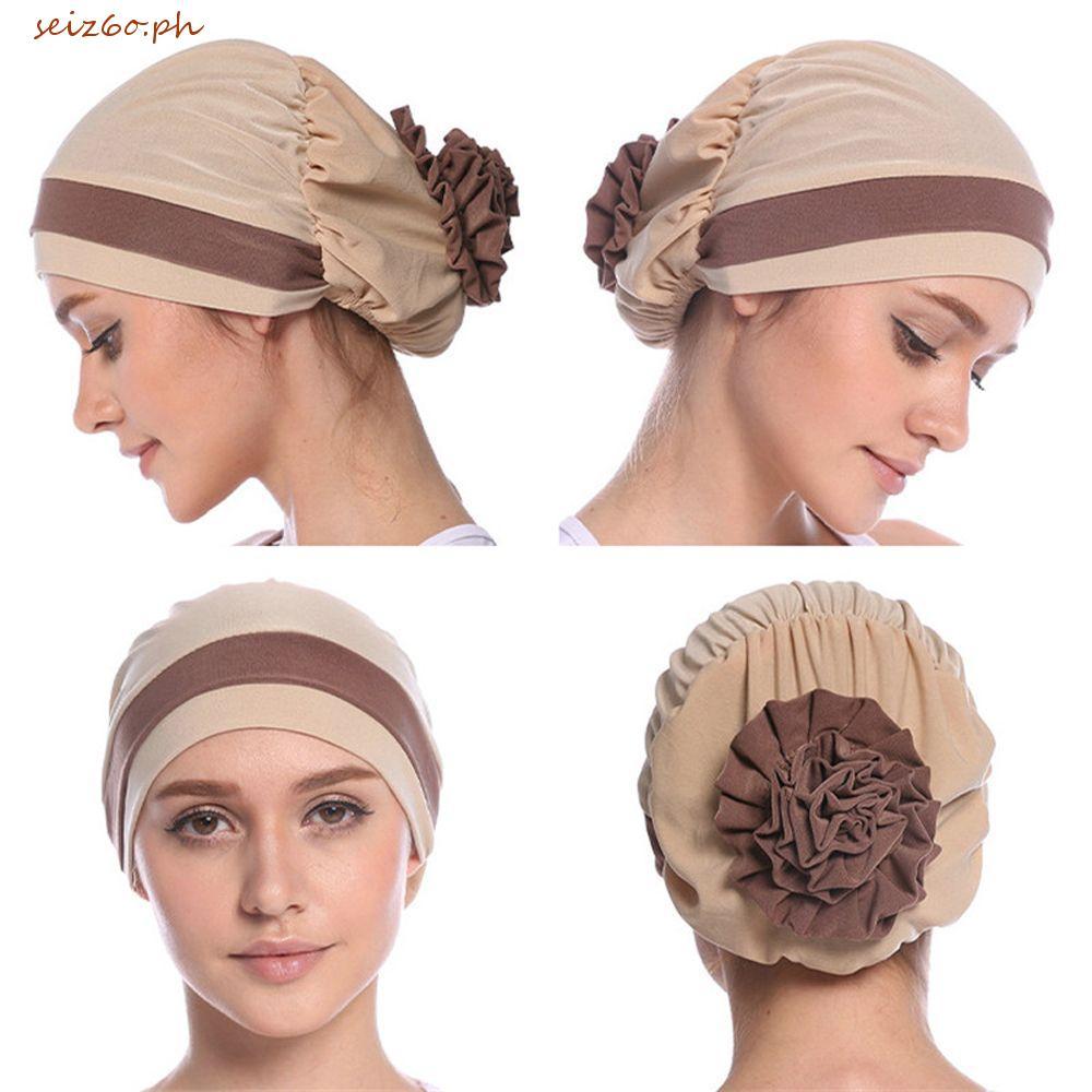 SEIZ6O Hồi Giáo Hijab Mũ Lớn Mùa Hè Satin Hoa Mũ Thời Trang Đơn Giản Nữ Khăn Trùm Đầu