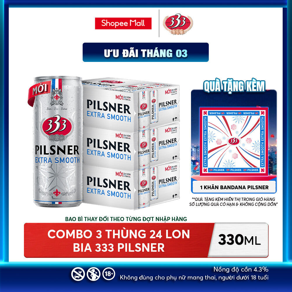 Nồng Độ Cồn 4.3% - Combo 3 Thùng 24 Lon Bia 333 Pilsner 330ml