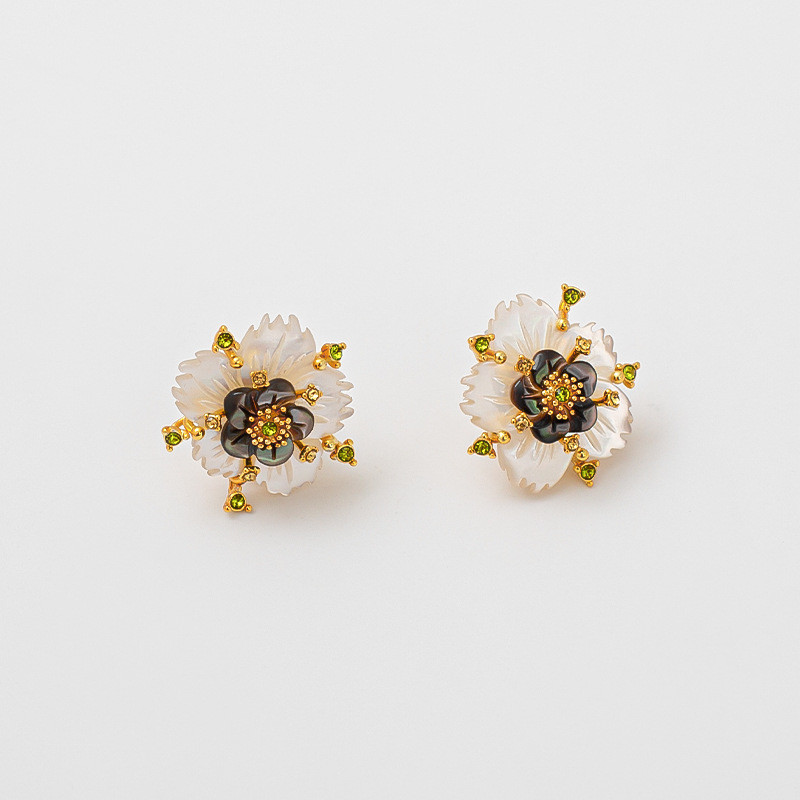 Double-layer shell flower earrings, zircon earrings, autumn and winter earrings925Silver Needle Earr