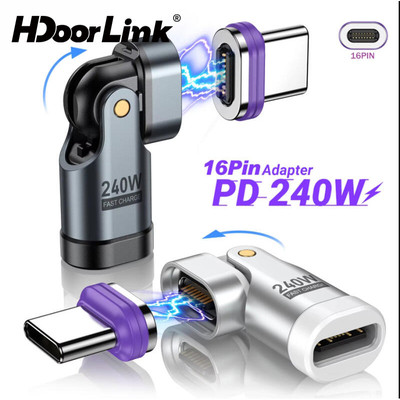 Bộ chuyển đổi từ tính HdoorLink 240W Bộ chuyển đổi sạc nhanh 16Pin USB C sang Type C 180° Bộ chuyển đổi OTG xoay cho điện thoại Laptop
