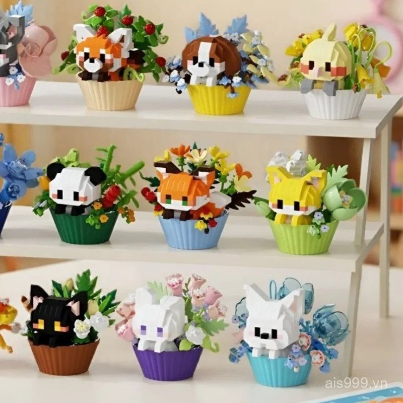 NBV6 Mini Cartoon Building Blocks for Girls Children Cat Dog Animals Bricks Potted Plants Puzzle Ass