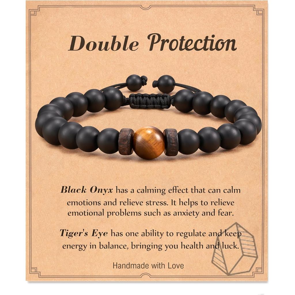 Seyaa Bảo Vệ Đôi Vòng Tay Đá Tự Nhiên Cho Nam Thiếu Niên Bé Trai, Mắt Hổ Đen Onyx 8 Mm Handmade Hạt 