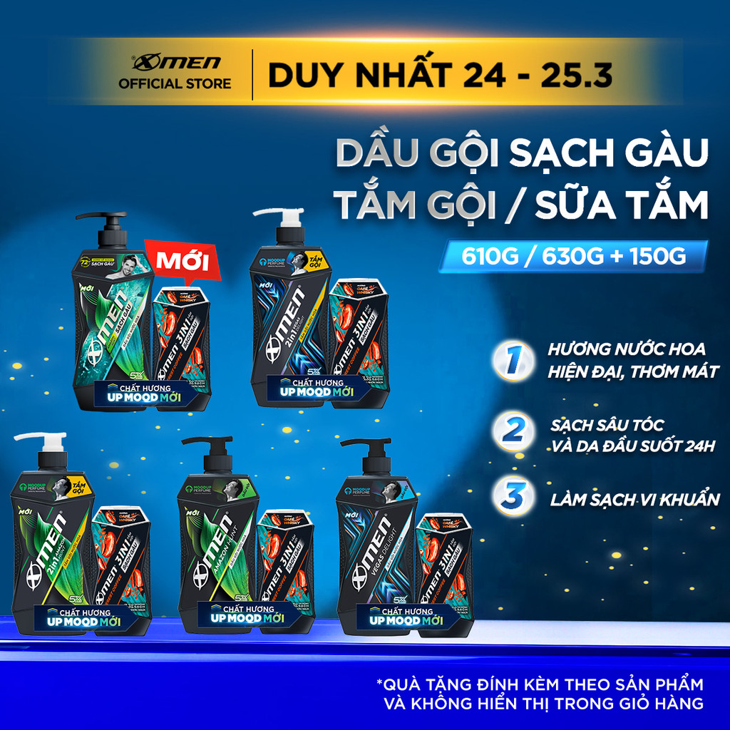 Combo Dầu Gội Sạch Gàu/Tắm Gội/Sữa Tắm Xmen Amazon/Vegas 610g 630g và Tắm gội Coffee 150g