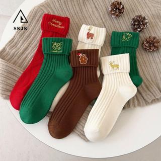 Tất thêu Giáng sinh SKJK, Bông cây thông Noel Hoạt hình Hàng dệt kim, Thoáng khí Chuông nai sừng tấm Chữ giữa ống Tất Cosplay