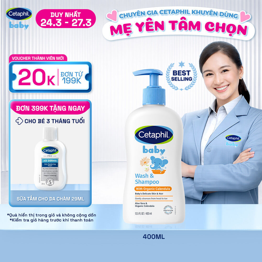 Sữa tắm dưỡng ẩm dịu lành cho bé với Calendula hoa cúc hữu cơ CETAPHIL BABY W&SHAMPOO CALENDULA 400ML