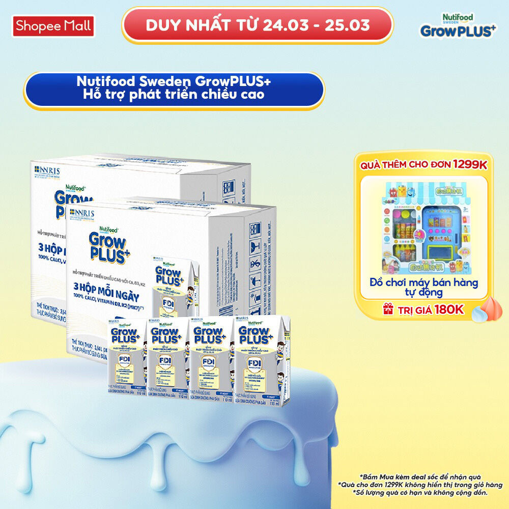 Combo 2 Thùng 24 Hộp Sữa Bột Pha Sẵn Nutifood Sweden GrowPLUS+ Cao lớn vượt trội hộp 110 ml
