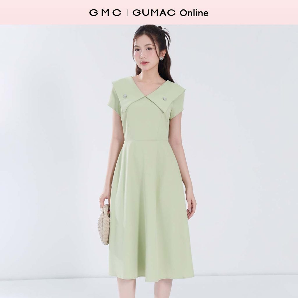 Đầm nữ dáng A 2 lớp phối túi dọc cổ V đính phụ kiện vải chéo nhật cao cấp thanh lịch thời trang GUMA