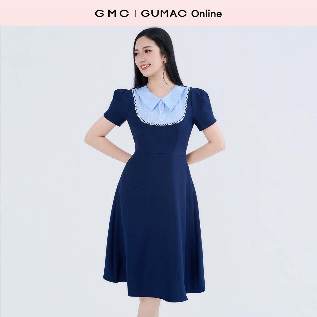 Đầm nữ dáng A xòe cổ phối sọc tay ngắn có túi thời trang GUMAC LDF0902