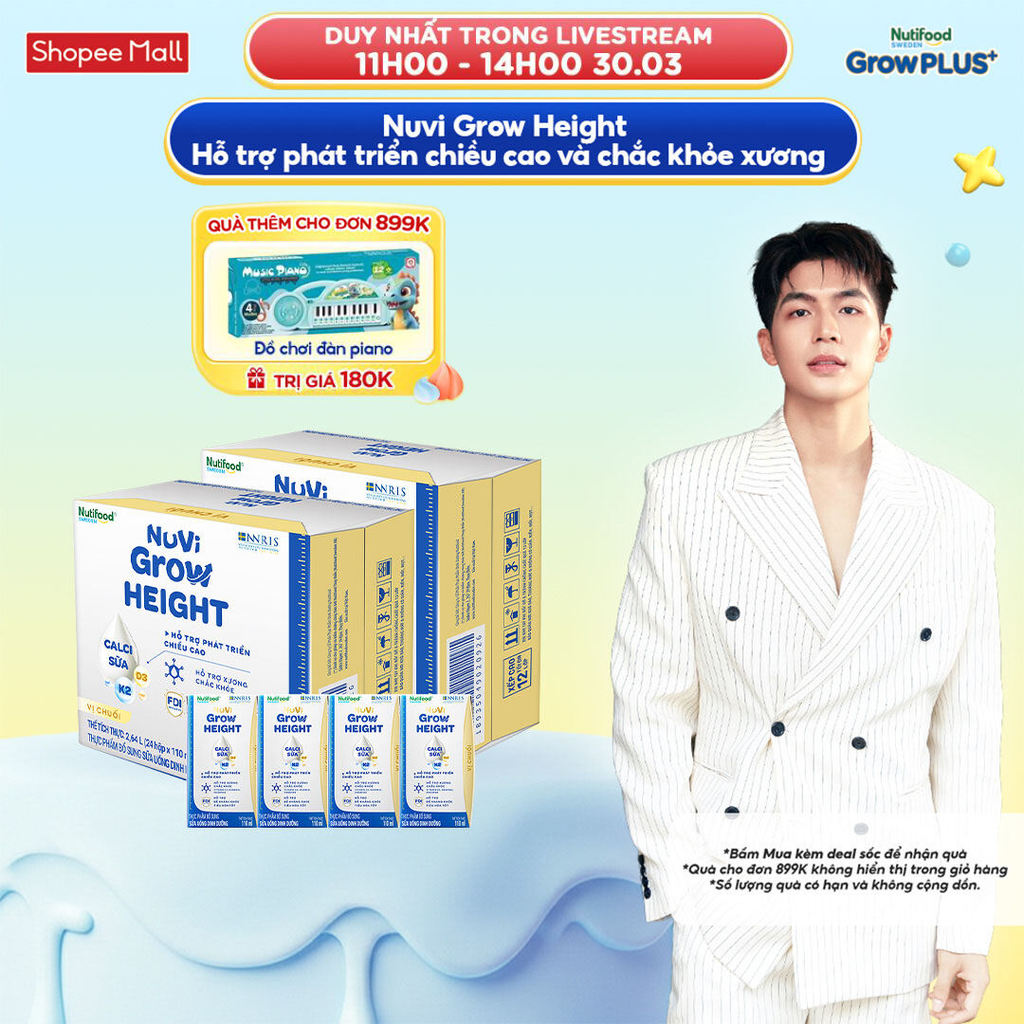 Combo 2 Thùng 24 hộp SBPS Nuvi Grow Height vị chuối 1+ hỗ trợ phát triển chiều cao hộp 110ml