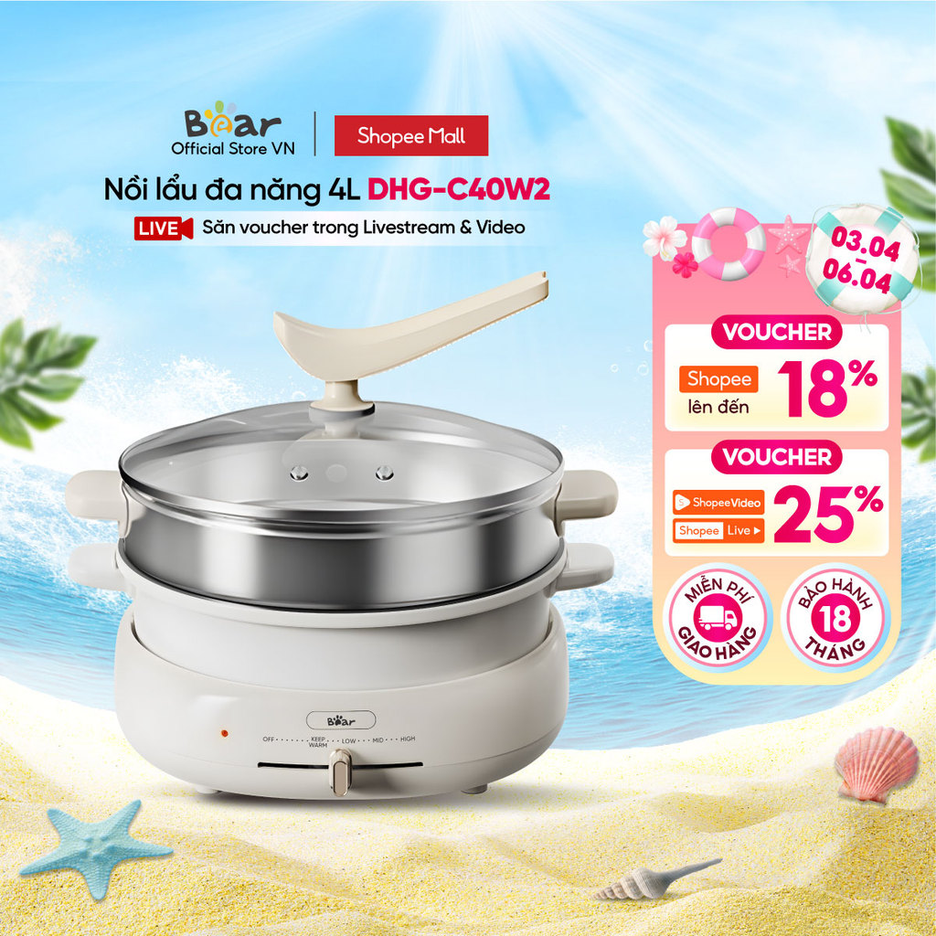 Bộ Nồi Lẩu Nướng Bear 3 khay 3in1 DHG-C40W2 - Hàng Chính Hãng