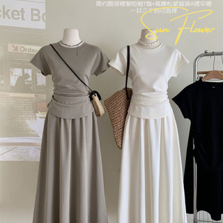 Oder-Bộ Đồ Thời Trang Cho Nữ Áo Thun Tay Ngắn Thắt Eo Xếp Ly Phong Cách Hàn Quốc Mùa Hè Chân Váy Chữ A Tôn Dáng