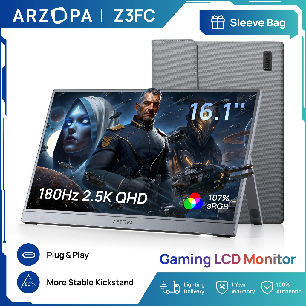Màn hình di động ARZOPA 16.1 '' 180Hz-Z3FC Xám,chân đế 2,5K 107% sRGB với HDR, Siêu mỏng, Chăm sóc m