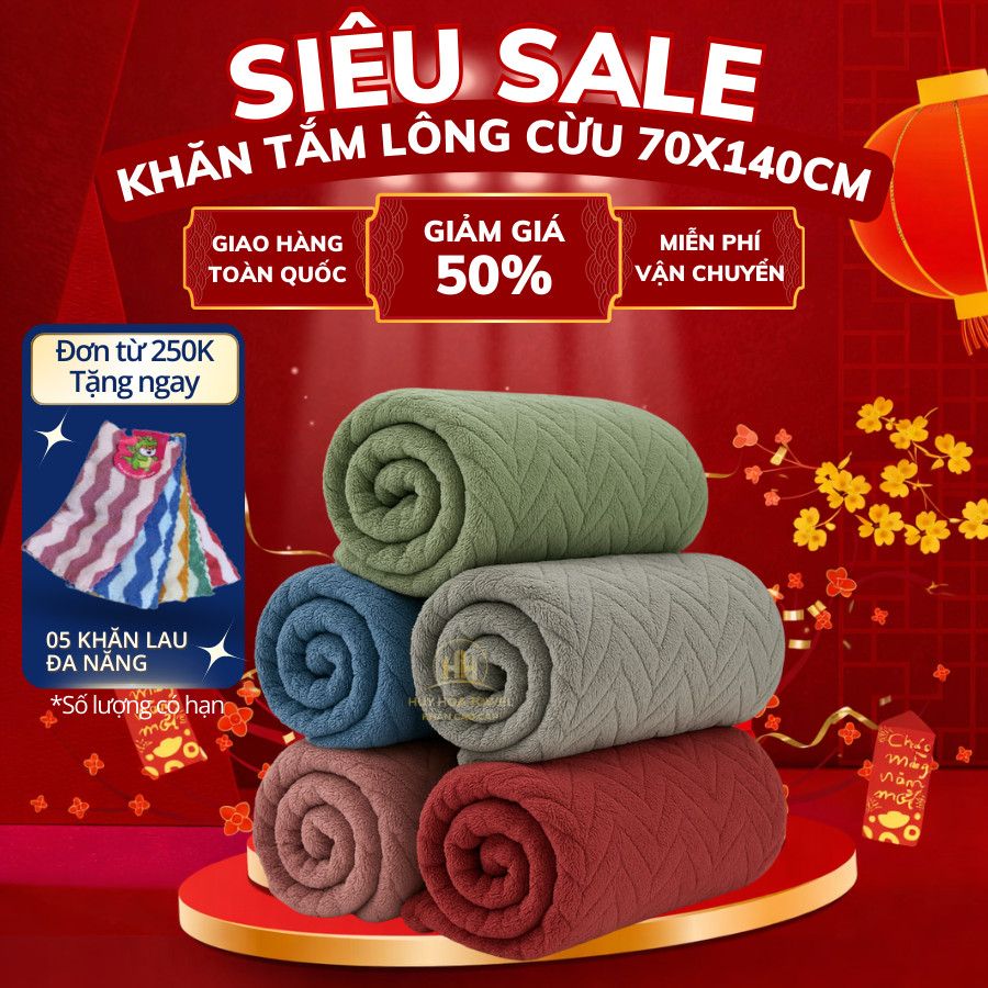 Khăn Tắm Microfiber 50x100cm 70x140cm Lông Cừu Xương Cá Cao Cấp Mềm Mịn Thấm Hút Huy Hòa Towel