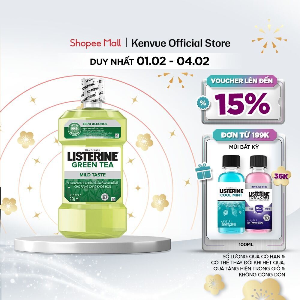 Nước Súc Miệng Ngừa Sâu Răng Vị Trà Xanh Không Cay Listerine Green Tea Zero Alcohol - Dung tích 250m